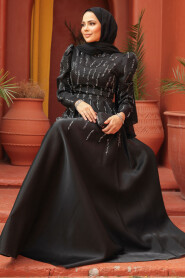 Modest Black Satin Evening Dress 51891S - 3