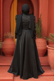 Modest Black Satin Evening Dress 51891S - 4