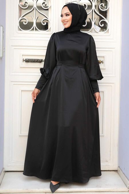 Modest Black Satin Evening Dress 61031S - NEVA STYLE