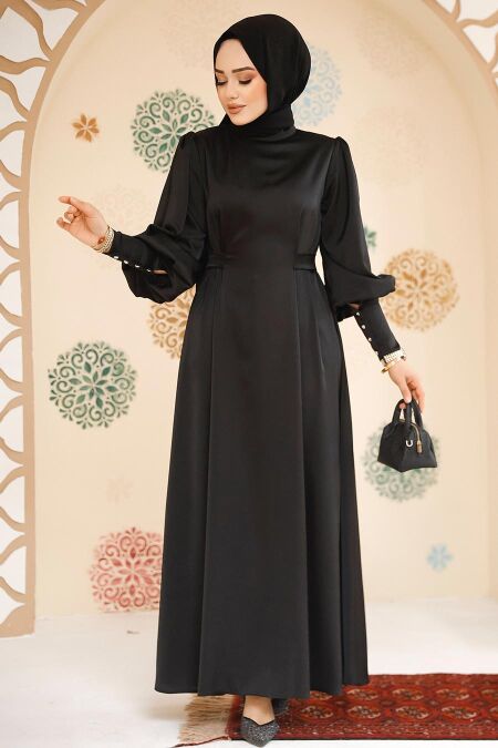 Modest Black Satin Evening Dress 61651S - NEVA STYLE