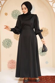 Modest Black Satin Evening Dress 61651S - 1