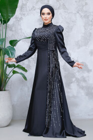 Modest Black Satin Evening Gown 47112S - 1