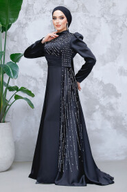 Modest Black Satin Evening Gown 47112S - 2