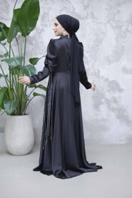 Modest Black Satin Evening Gown 47112S - 4