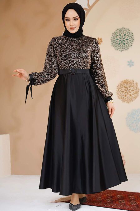 Modest Black Satin Evening Gown 6176S - NEVA STYLE