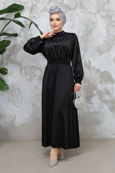 Modest Black Satin Plus Size Dress 65880S - NEVA STYLE