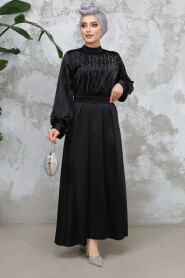 Modest Black Satin Plus Size Dress 65880S - 1