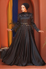 Modest Black Satin Prom Dress 25894S - 1