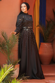 Modest Black Satin Prom Dress 25894S - 2