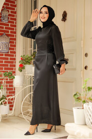 Modest Black Satin Prom Dress 5948S - 3