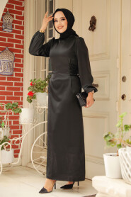Modest Black Satin Prom Dress 5948S - 4