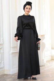 Modest Black Satin Prom Dress 62132S - 3
