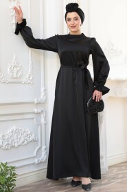 Modest Black Satin Prom Dress 62132S - 2
