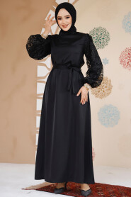 Modest Black Satin Prom Gown 61512S - 3
