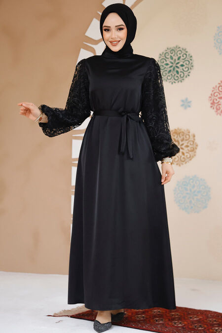 Modest Black Satin Prom Gown 61512S - NEVA STYLE