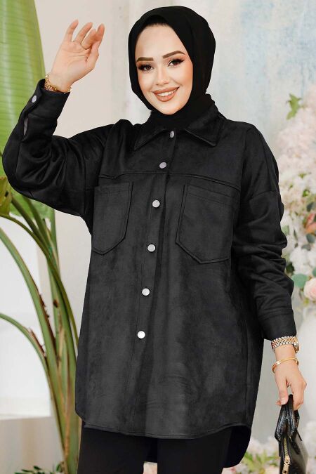Modest Black Suede Shirt 10305S - NEVA STYLE