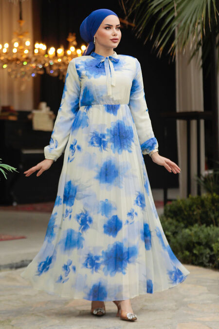Modest Blue Chiffon Long Sleeve Dresses 50356M - NEVA STYLE