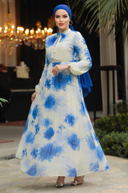 Modest Blue Chiffon Long Sleeve Dresses 50356M - 2