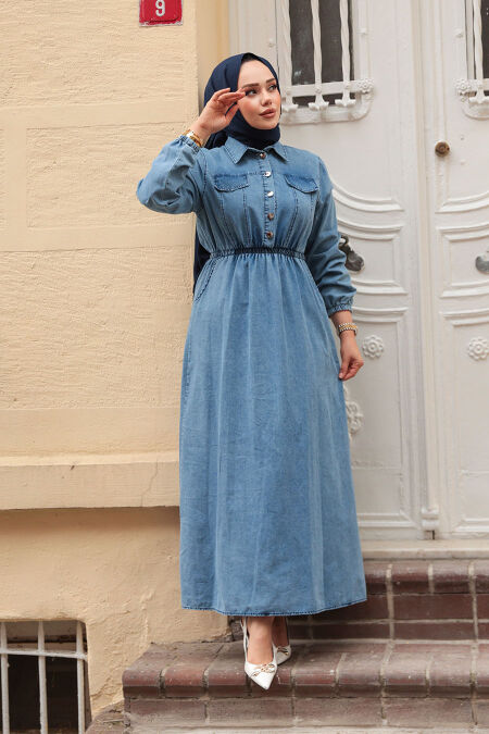 Modest Blue Denim Long Dress 717M - NEVA STYLE
