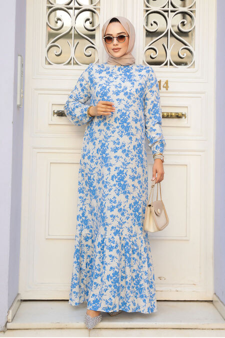 Modest Blue Floral Dress 15728M - NEVA STYLE