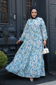 Modest Blue Floral Dress 19034M - 1