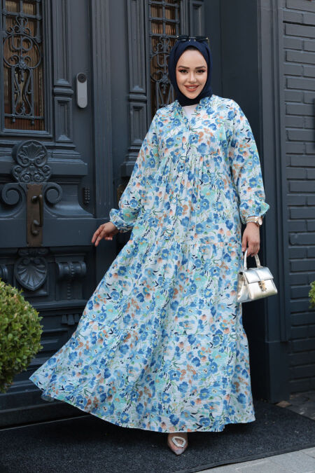 Modest Blue Floral Dress 19034M - NEVA STYLE