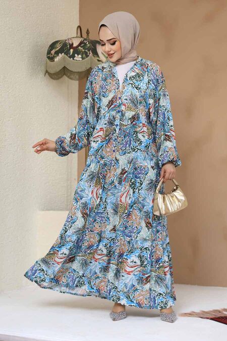 Modest Blue Floral Dress 235805M - NEVA STYLE