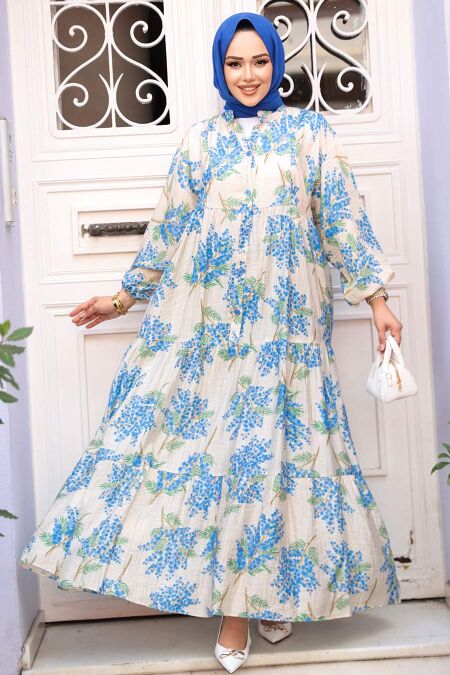 Modest Blue Floral Dress 710502M - NEVA STYLE