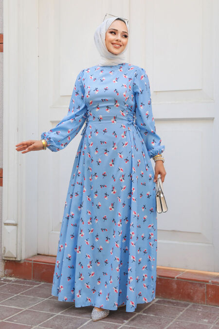 Modest Blue Floral Long Dress 61070M - NEVA STYLE