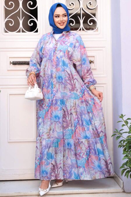 Modest Blue Floral Long Dress 710512M - NEVA STYLE