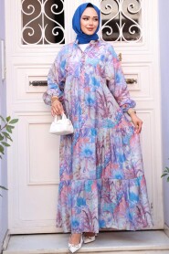 Modest Blue Floral Long Dress 710512M - 1