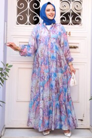 Modest Blue Floral Long Dress 710512M - 3