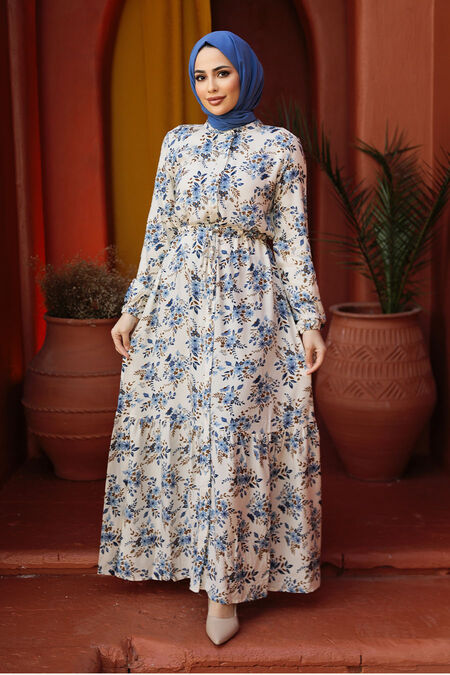 Modest Blue Floral Long Sleeve Dress 50251M - NEVA STYLE