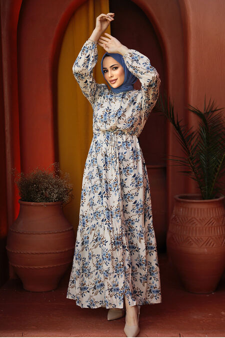 Modest Blue Floral Long Sleeve Dress 50251M - Neva-style.com