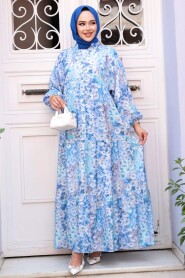 Modest Blue Floral Long Sleeve Dress 710505M - 3
