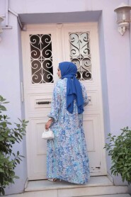 Modest Blue Floral Long Sleeve Dress 710505M - 4