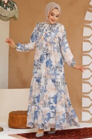 Modest Blue Long Sleeve Floral Dress 22055M - 2