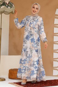 Modest Blue Long Sleeve Floral Dress 22055M - 3