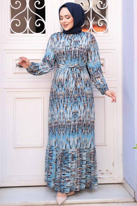 Modest Blue Patterned Dress 52721M - NEVA STYLE
