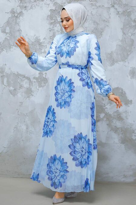 Modest Blue Pleated Floral Dress 344603M - NEVA STYLE