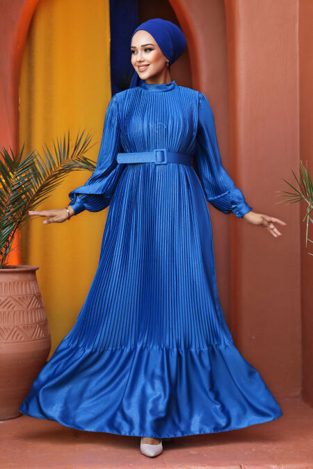 Modest Blue Pleated Maxi Dress 43532M - NEVA STYLE