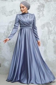 Modest Blue Satin Evening Dress 4433M - 2