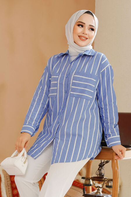 Modest Blue Shirt Tunic 70741M - NEVA STYLE
