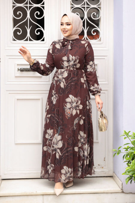 Modest Brown Chiffon Floral Dresses 50355KH - NEVA STYLE