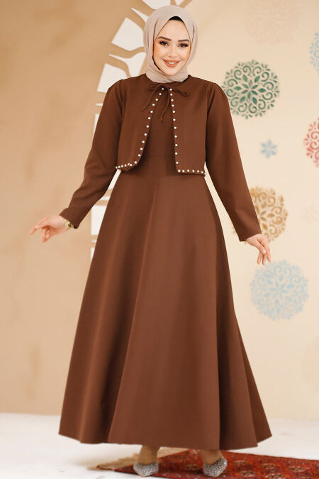 Modest Brown Eid Dress 61462KH - NEVA STYLE