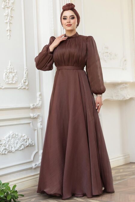Modest Brown Evening Dress 51072KH - Neva-style.com