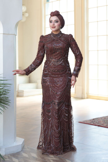 Modest Brown Evening Dress 51636KH - NEVA STYLE