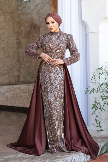 Modest Brown Evening Gown 51253KH - NEVA STYLE
