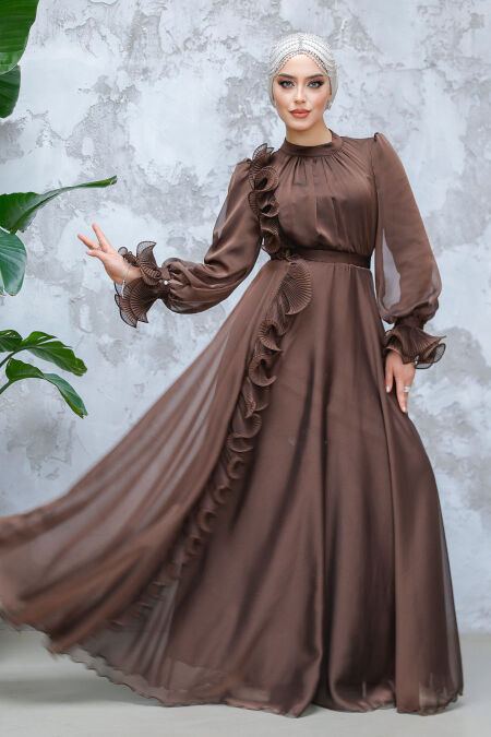 Modest Brown Evening Long Dress 48571KH - NEVA STYLE