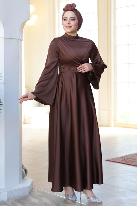 Modest Brown Evening Long Sleeve Dress 6157KH - NEVA STYLE